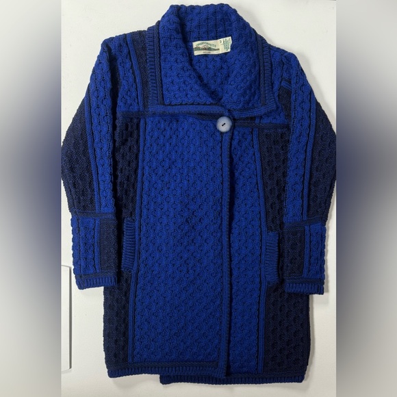 Aran Crafts Sweater Irish Fisherman Cable Merino Wool Blue Long Duster Women M